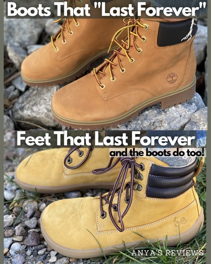 Two photo collage comparing popular Timberland boots with foot healthy alternative Be Lenka Nevada zero drop boots. The Text over the Timberland boots reads "Boots that Last Forever" and the text over the Be Lenka boots reads "Feet that Last Forever and the boots do too!"