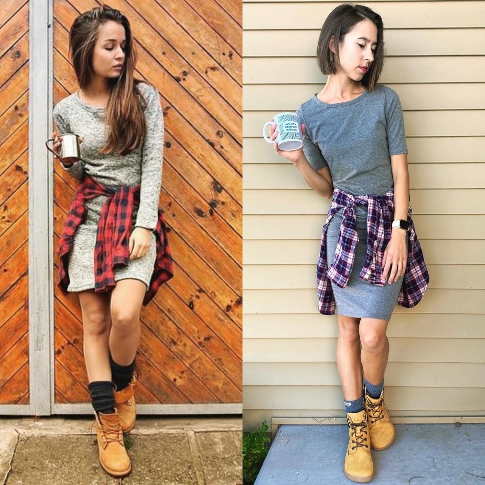 Side by side photo collage of two different women in very similar cabin-vibe outfits. The left woman is wearing narrow toe box heeled boots and the woman on the right is wearing foot shaped zero drop barefoot boots from Be Lenka - the Nevada.