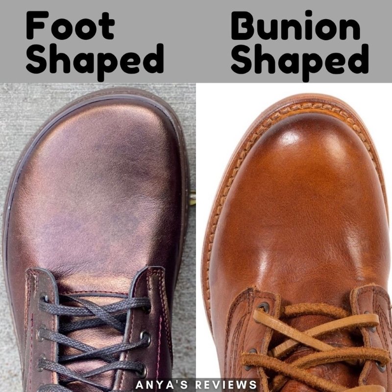 Side by side image of the foot shaped toebox on Peerko Empire boots in chestnut versus the narrow bunion shaped toe box on most popular fashion boots