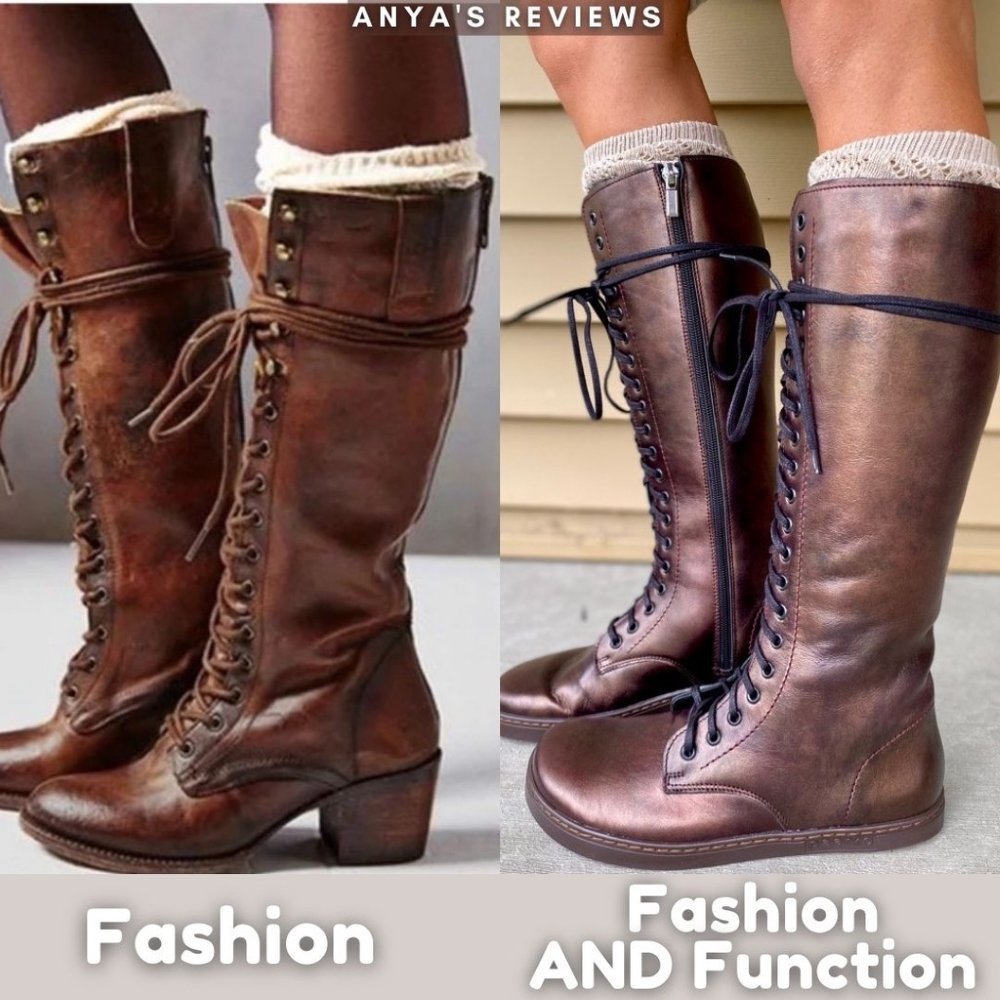 Side by side collage of tall lace up boots. The left image shows boots that are fashionable, and the right shows Peerko Empire tall lace up barefoot boots in Chestnut that are fashionable and functional