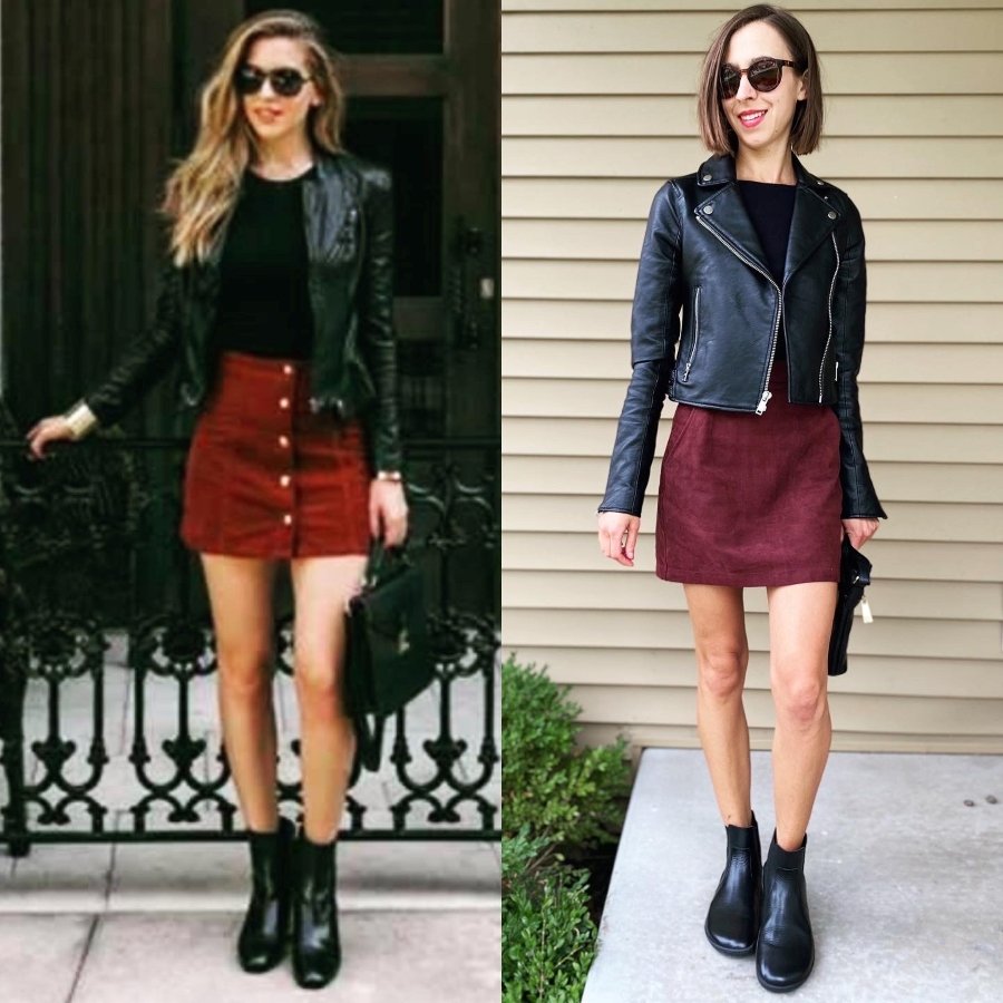 Side by side collage of two different woman in similar outfits - maroon skirts and black leather jackets with black chelsea boots. The woman on the left is wearing pointy toed heeled boots that inhibit foot function. The woman on the right is wearing Vivobarefoot Fulham barefoot chelsea boots for fashion and function.