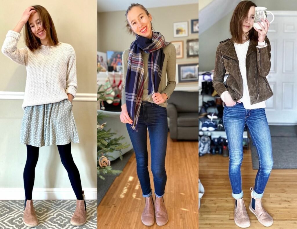 3 image collage showing the same woman in 3 different outfits wearing the same shoes in each - Artemis barefoot leather chelsea boots from Angles Fashion