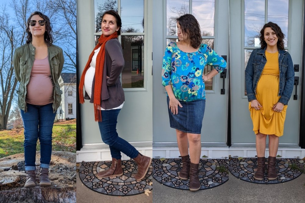 4 Photo style collage of the same white woman with curly brown hair wearing Angles Fashion dafne boots with 4 different outfits