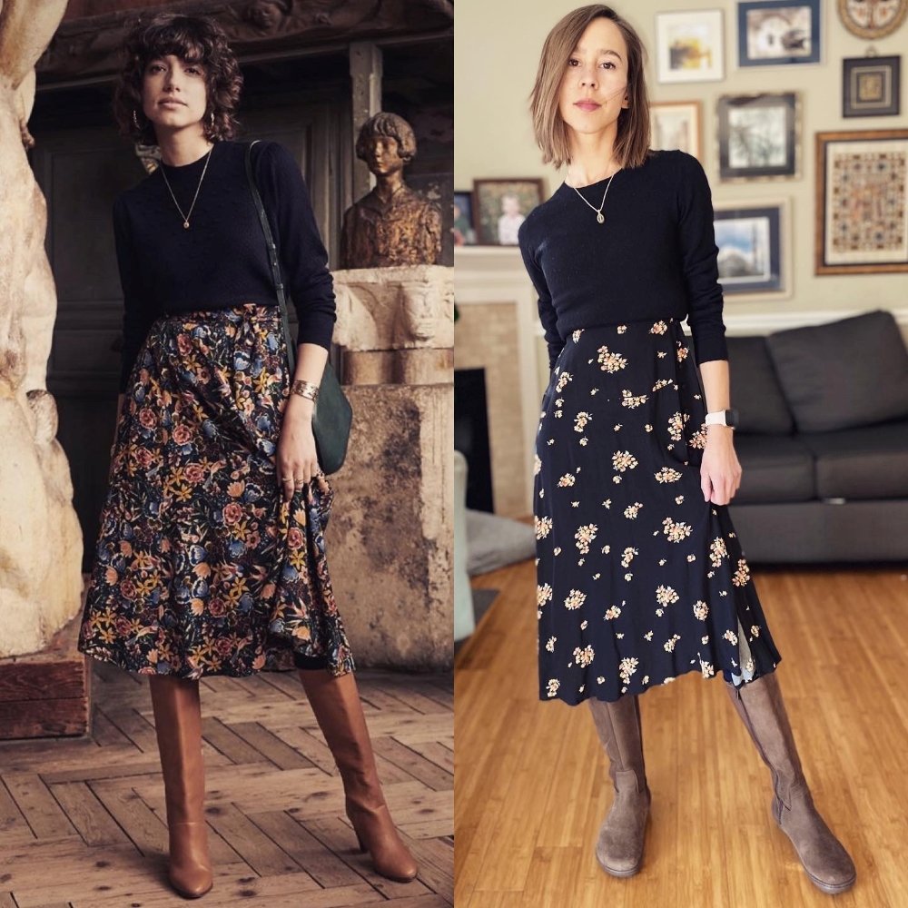 Style Collage of 2 women wearing floral midi skirts and black tops with brown tall riding style boots. The right image shows the Vivobarefoot Ryder boots as a fashionable foot healthy alternative to pointy heeled boots.