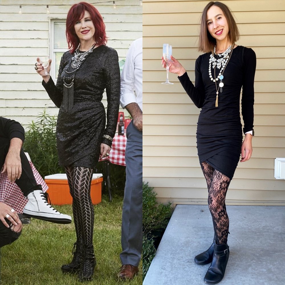 Collage of Moira Rose dressed in a black dress, patterned tights, and black boots. The woman on the right is wearing a similar outfit but paired with fashionable barefoot black boots from Zaqq that won't cause foot deformities.