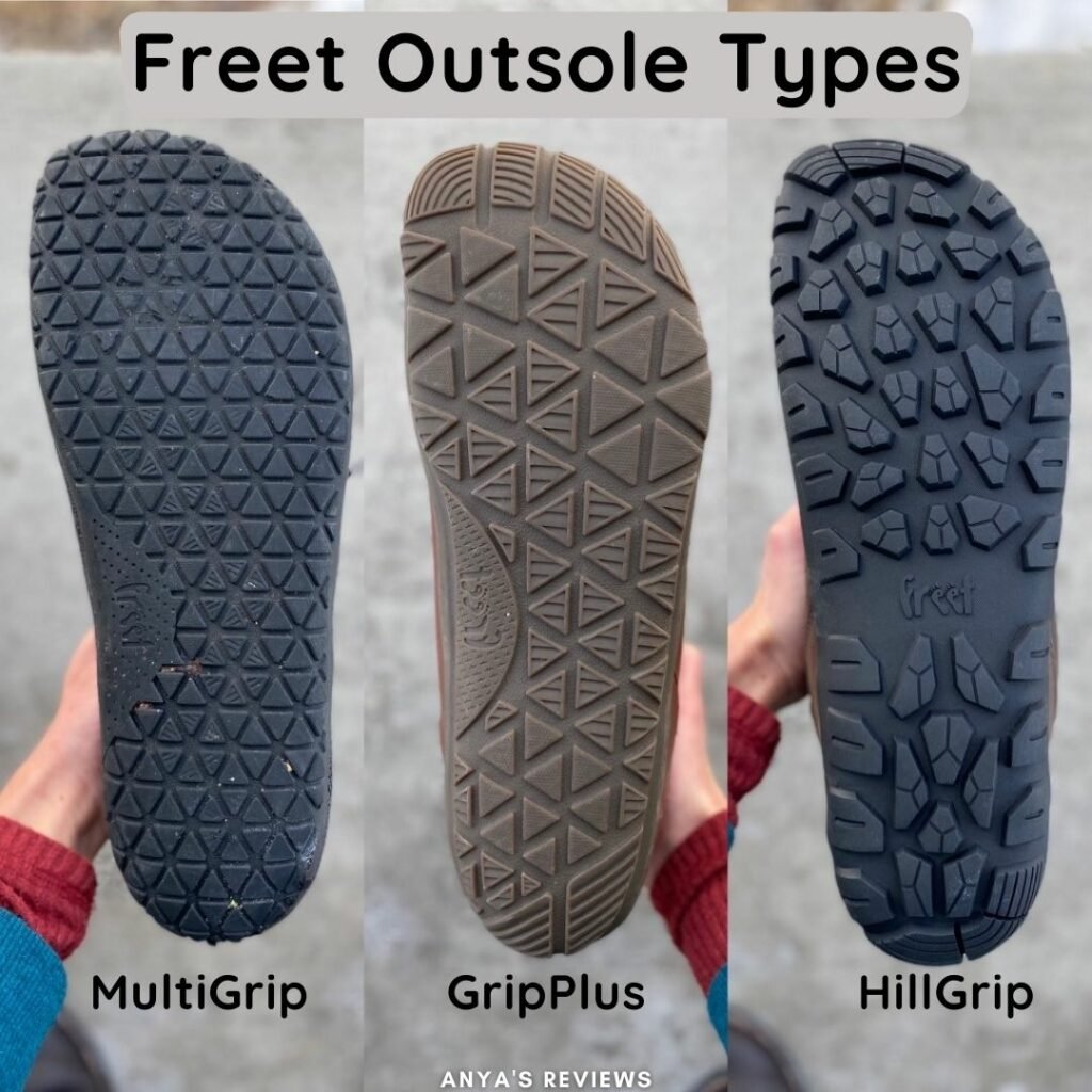 a collage of the 3 different outsole types from Freet Barefoot - MultiGrip, Grip Plus, and HillGrip