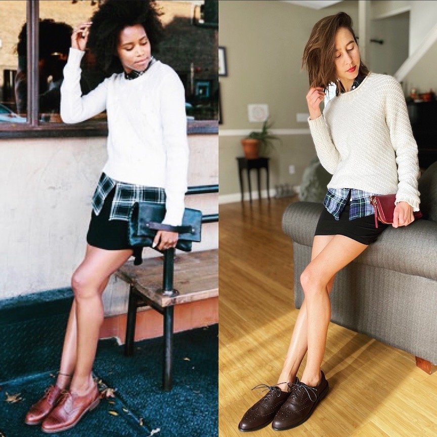 a collage of a woman wearing a dressy outfit and regular oxford brogue shoes next to a different woman wearing the same outfit but with barefoot oxford brogues - the carets victoria wingtip