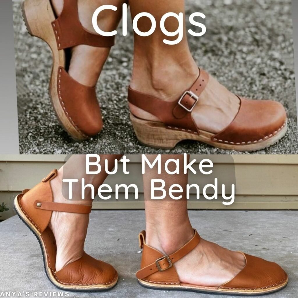 Collage of traditional brown leather clogs versus zero drop flexible clog style shoes from Crupon. The text overlay reads "Clogs But Make them Bendy" and shows the barefoot Crupon shoes flexing with foot movement.