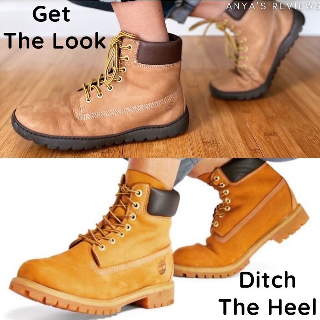 Collage showing traditional Timberland style work boots versus Groundies Liverpool barefoot boots. The text reads "Get the look Ditch the heel"