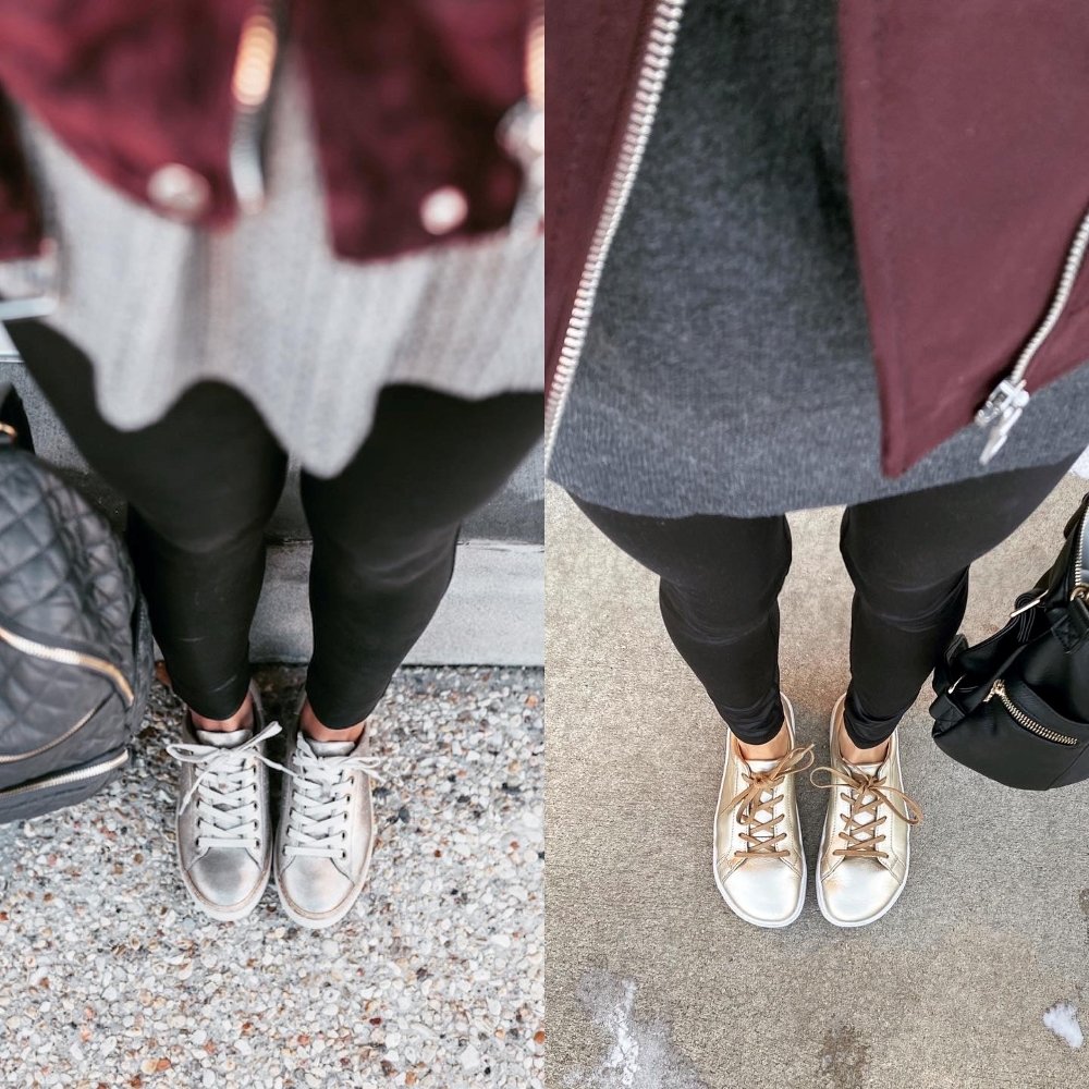 Side by side collage of two very similar photos looking down at 2 different woman wearing similar metallic sneakers. The sneakers on the right are zero drop foot shaped sneakers from Origo Shoes