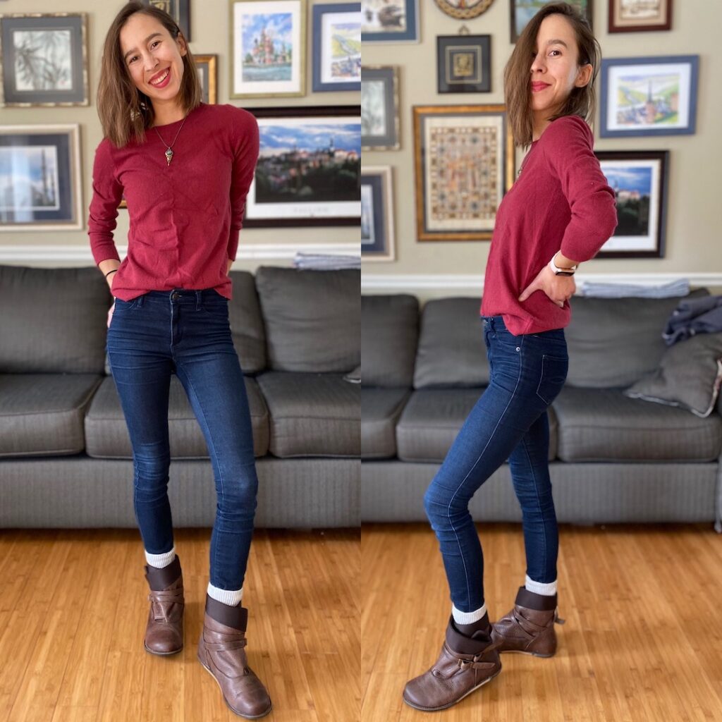 A collage of a women wearing a red sweater and jeans smiling at the camera and posing two different ways wearing the Lisbeth Joe Boulder boots in brown leather