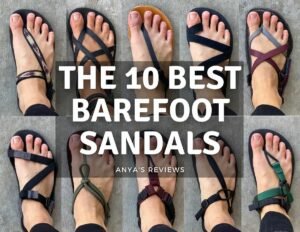 A photo collage of ten barefoot sandal brands - Earth Runners, Laboo Leather, Luna Sandals, Shamma Sandals, Paisley Running Sandals, Xero Shoes, Chala Sandals, Bedrock Sandals, Unshoes Footwear, and Deliberate Life Designs with the text "The 10 Best Barefoot Sandals - Anya's Reviews" superimposed