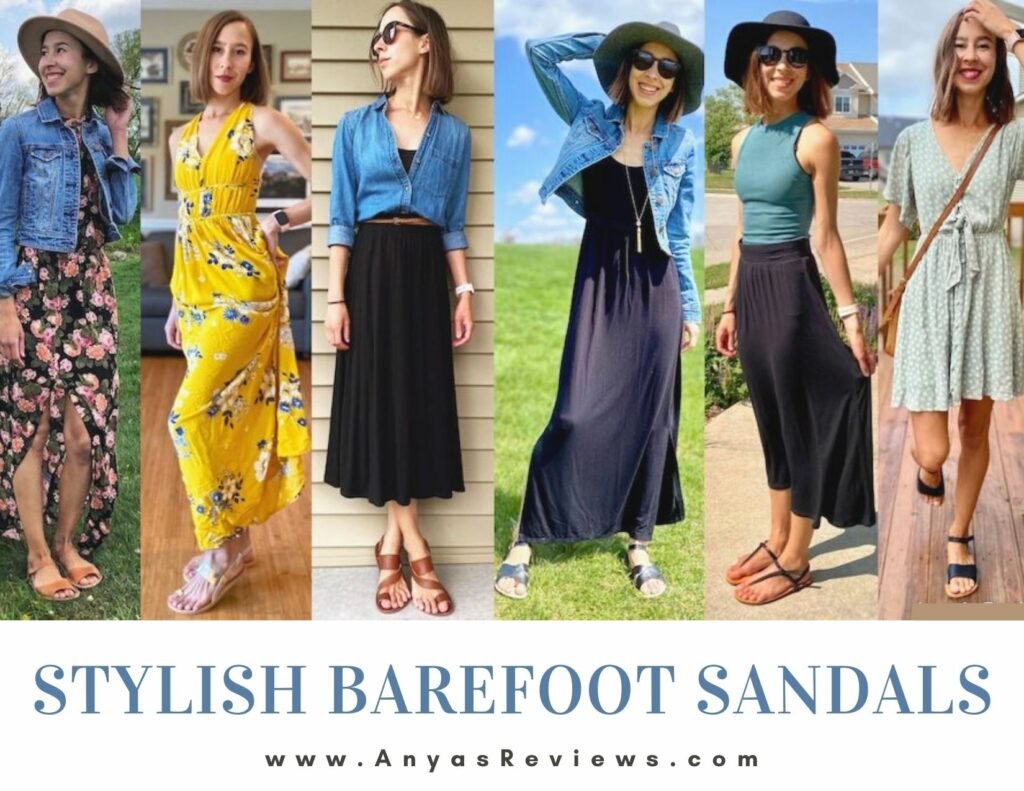 A photo collage of the sme woman in 6 different outfits and stylish barefoot sandals for women - softstar solstice, grecian sandals, vivobarefoot kuru, zeazoo symphony, luna brujita, and Crupon Febo Barefoot - with the text "Stylish Barefoot Sandals - anyasreviews.com" underneath