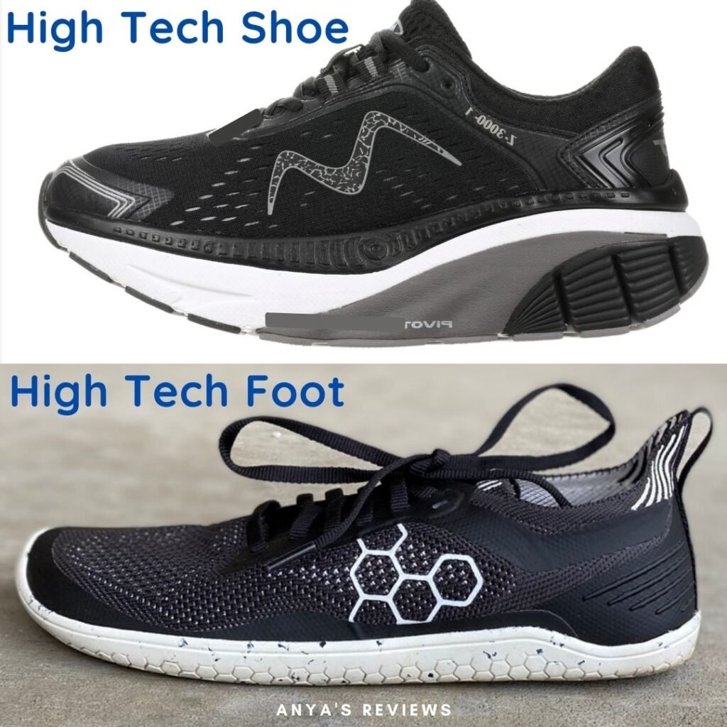 Two photo collage showing the astonishing difference in a conventional sneaker and a barefoot zero drop running shoe from Vivobarefoot. The text reads High Tech Shoe an High Tech Foot.