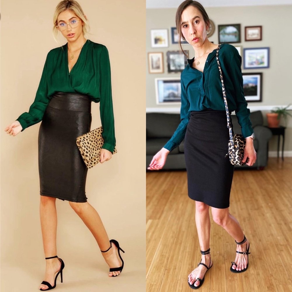 Side by side collage of two women similarly dressed in black pencil skirts and green blouses. Their are both wearing strappy sandals but the woman on the right is wearing vegan zero drop dress sandals from High Feels.