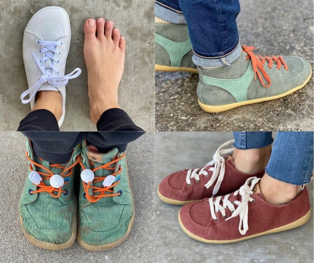 A photo collage of 4 different Mukishoes barefoot sneakers - the Raw Leather Cloud in white, the Ivy Hightop in green, the Mini Moss Kids in green, and the Saffron in rust