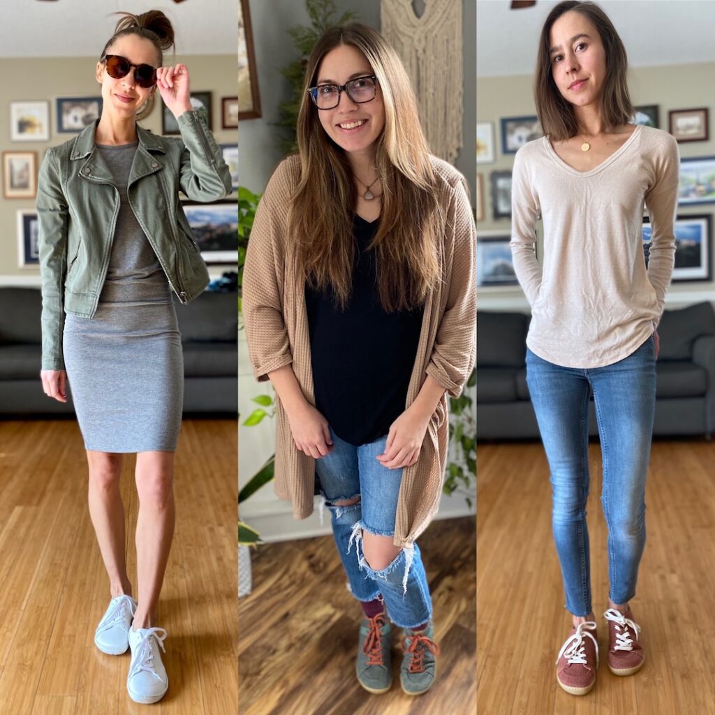 A photo collage of 3 women wearing different stylish outfits with 3 different Mukishoes styles - the Raw Leather Cloud, the Ivy hightop, and the Saffron sneaker