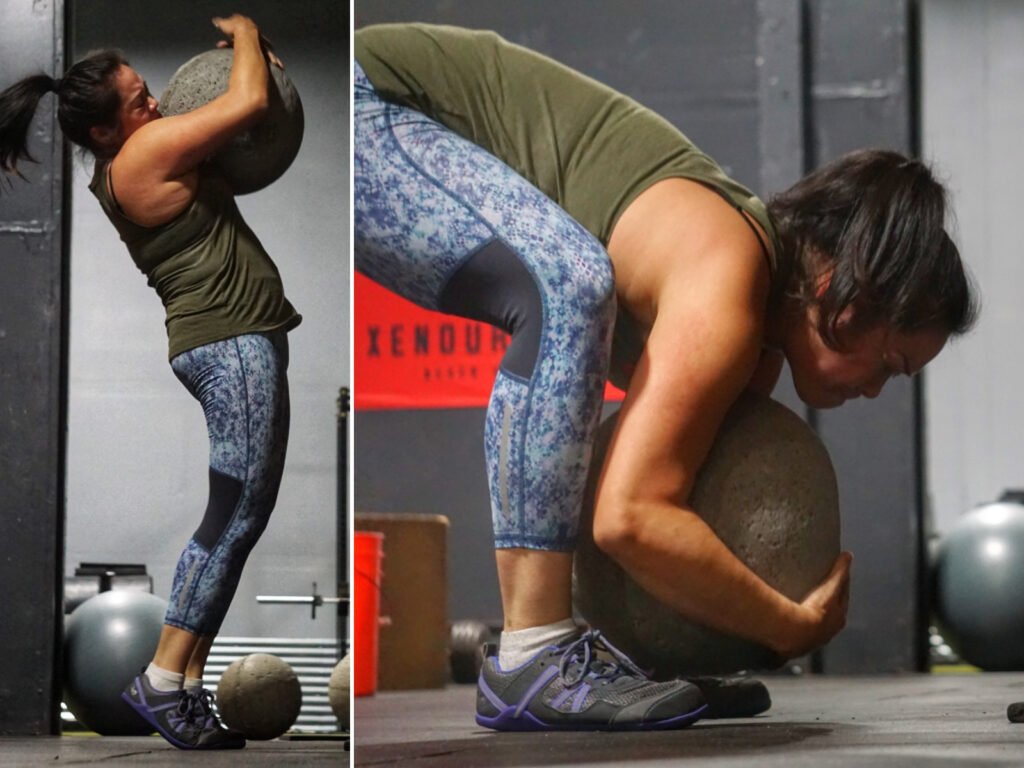 Photo collage showing a woman lifting a heavy ball in Xero Shoes 360 cross training sneaker