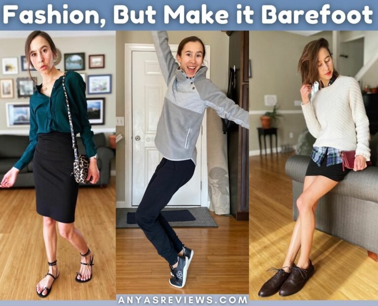 A photo collage of a woman wearing 3 different outfits and 3 different pairs of barefoot shoes, High Feels sandals, Vivobarefoot Geo Racers, and Carets Victoria Wingtip with the text "Fashion, But Make It Barefoot, anyasreviews.com" written over the top