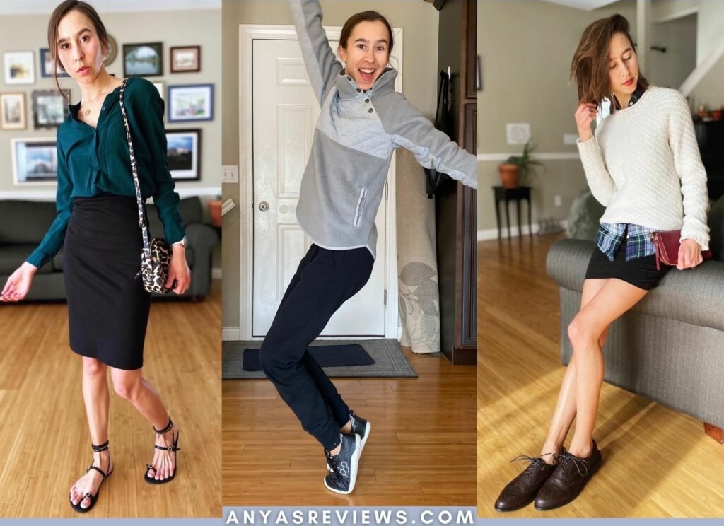 A photo collage of a woman wearing 3 different outfits and 3 different pairs of barefoot shoes, High Feels sandals, Vivobarefoot Geo Racers, and Carets Victoria Wingtip