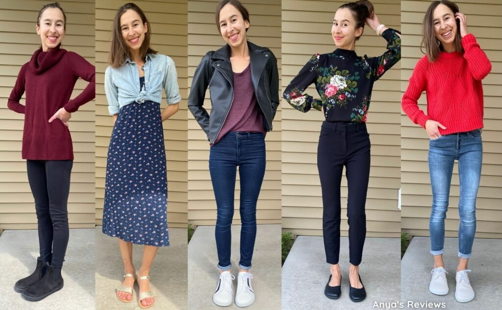 A collage of the same woman wearing 5 different stylish outfits and 5 different styles of Be Lenka barefoot shoes from the spring 2022 line - the Entice 2.0, Grace sandal, Brooklyn sneaker, Bellisima flat, and Flair sneaker