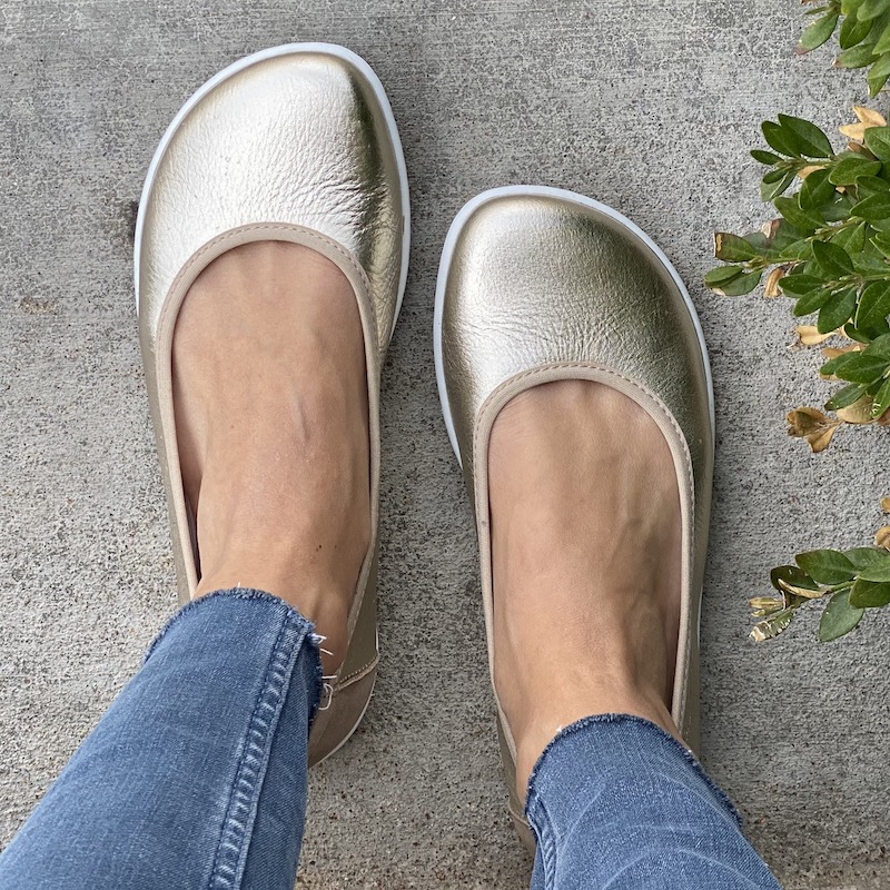 Top Down view of Be Lenka Sophie gold Ballet flats with zero drop sole and anatomical foot shape.