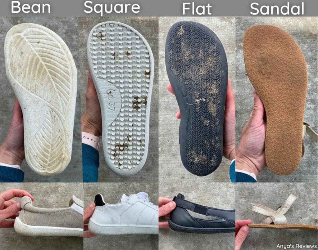 A collage showing the 4 different outsole types available from Be Lenka Barefoot - Bean, Square, Flat, and Sandal