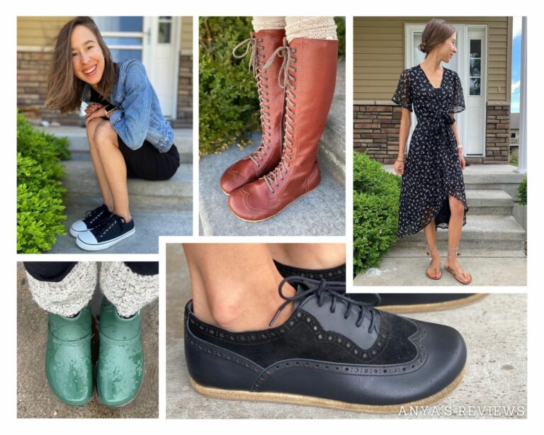 A photo Collage of 5 different pairs of stylish barefoot shoes to show how they can be styled - Bohempia Herlik, Xero Gracie rain boot, Nons lace up boot, Magical Shoes barefoot sandals, and FeelBarefoot brogues