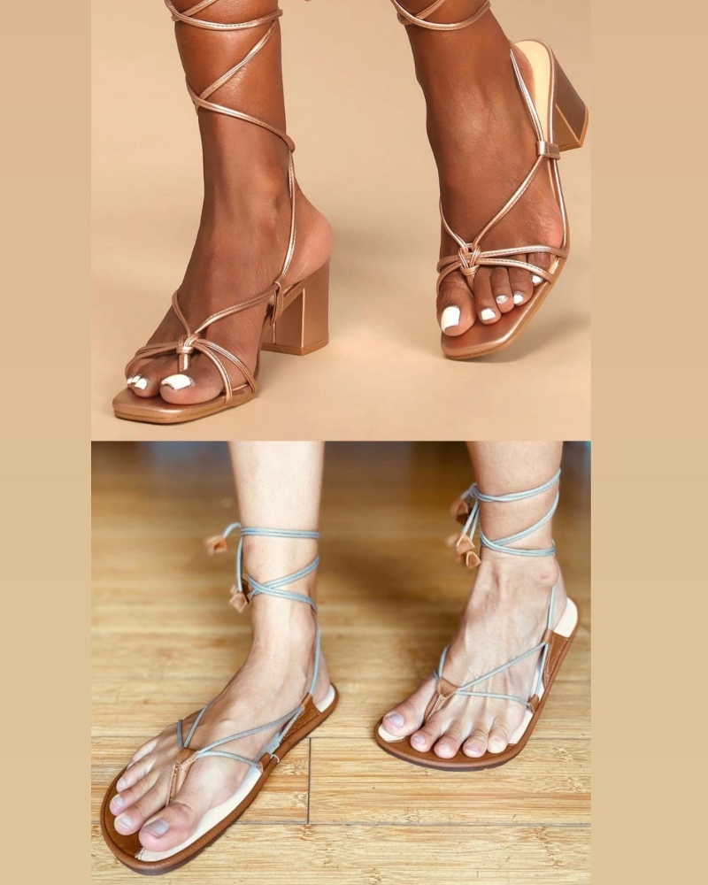 Photo collage comparing a pair of strappy heel wrapped high heel sandals with a pair of Magical Shoes Moana sandals with a similar look but with no heel and an anatomical shaped sole