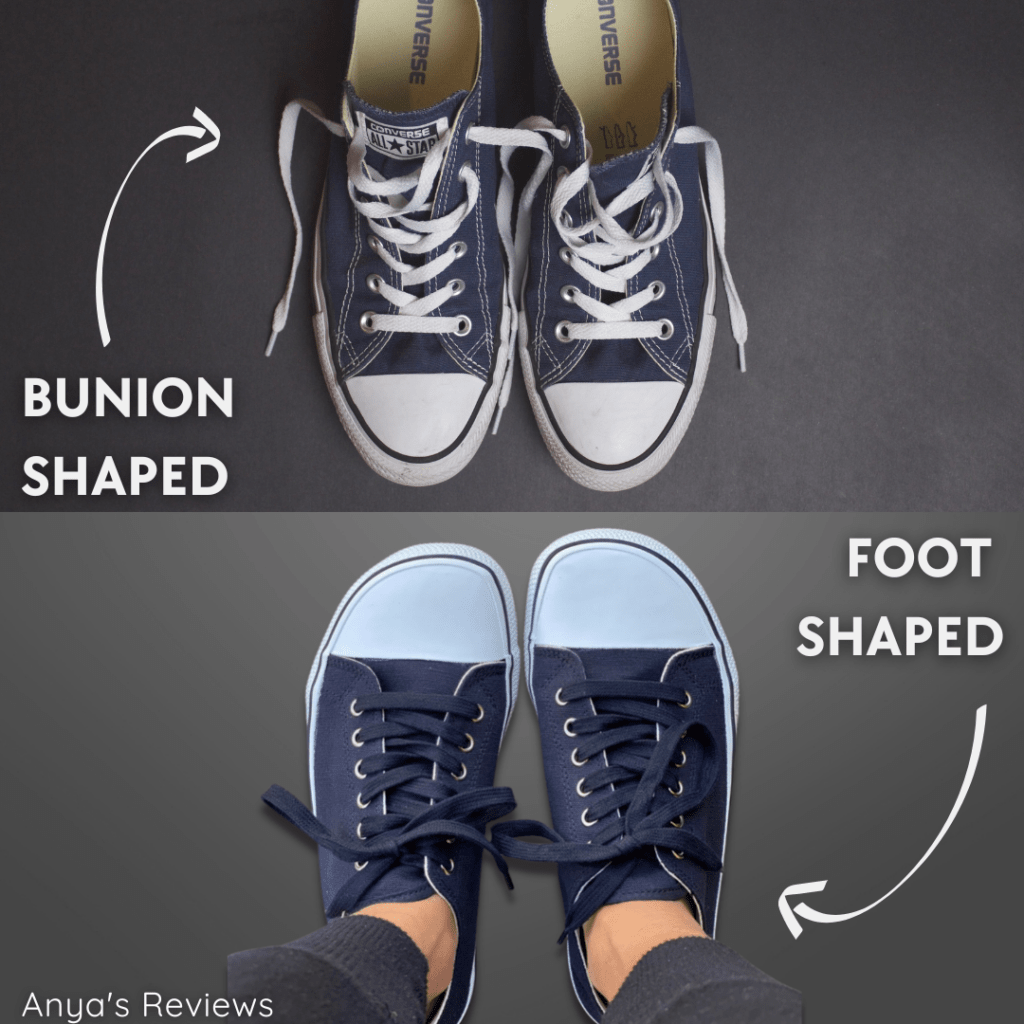 Toe to Toe photo collage comparing Bohempia barefoot hemp sneakers with Converse pointy toe. Arrows pointing to the converse shoe say "Bunion Shaped". The arrow pointing to the Bohempia sneakers say "Foot Shaped"