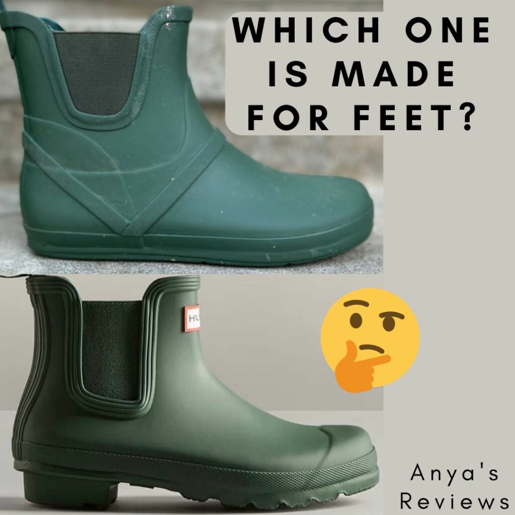 Annotated image comparing Xero Shoes Gracie Rain Boot to low cut Hunter heeled Rain boots. The text reads "Which one is made for feet" with a questioning emoji.