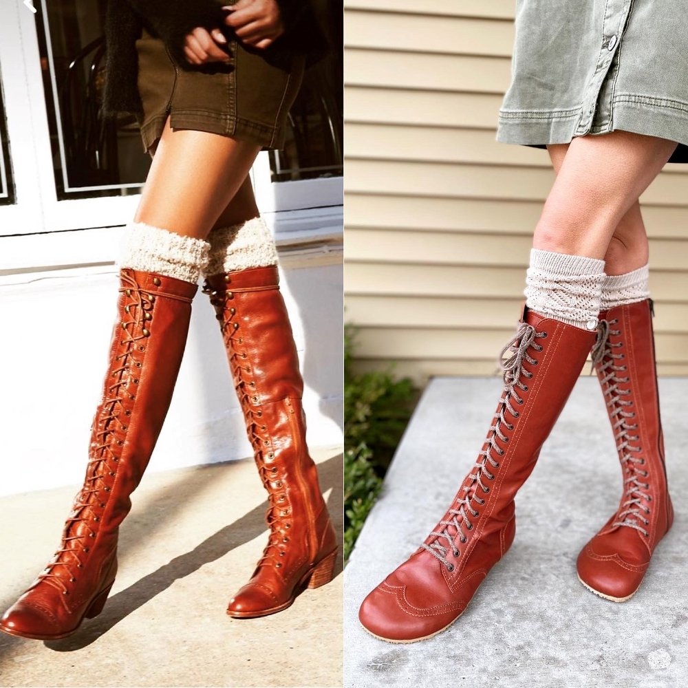 Side by side comparison collage of tall cognac lace up leather boots. The left photo shows conventional heeled pointy toe bunion maker boots, and the rights features NoNs handcrafted leather boots with zero drop vibram sole and anatomical toe box.