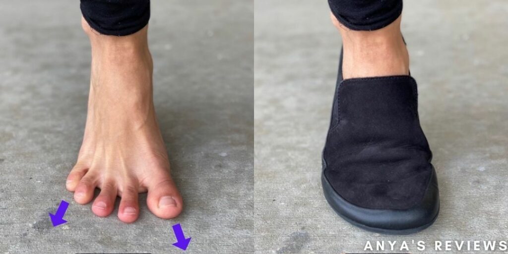 A photo collage showing a bare foot with toes spread and a foot in a foot shaped shoe that still lets the toes spread, versus a bare foot with a rubber band around the toes squishing them together and a foot in a shoe with a pointy toe shape to show how the toes look inside that shoe