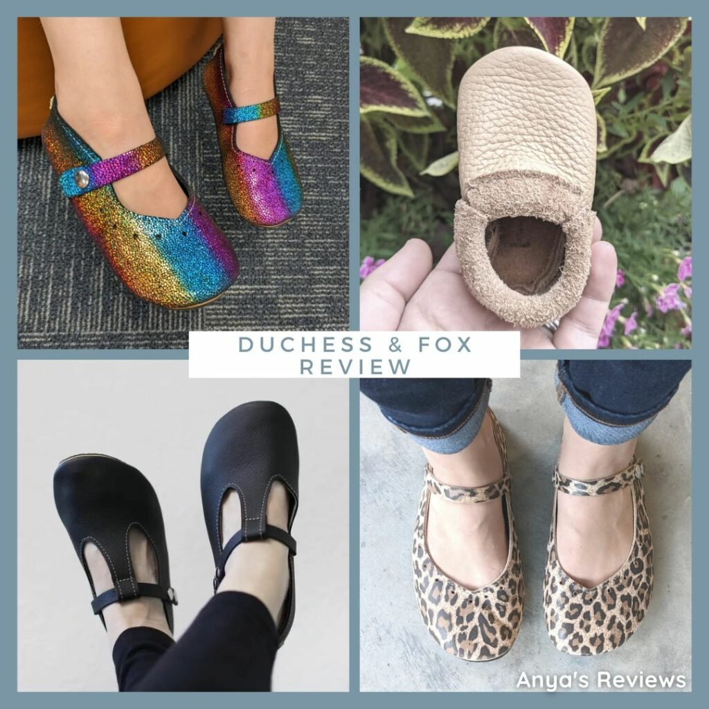 a collage of 4 duchess and fox barefoot shoes for babies, kids, and women