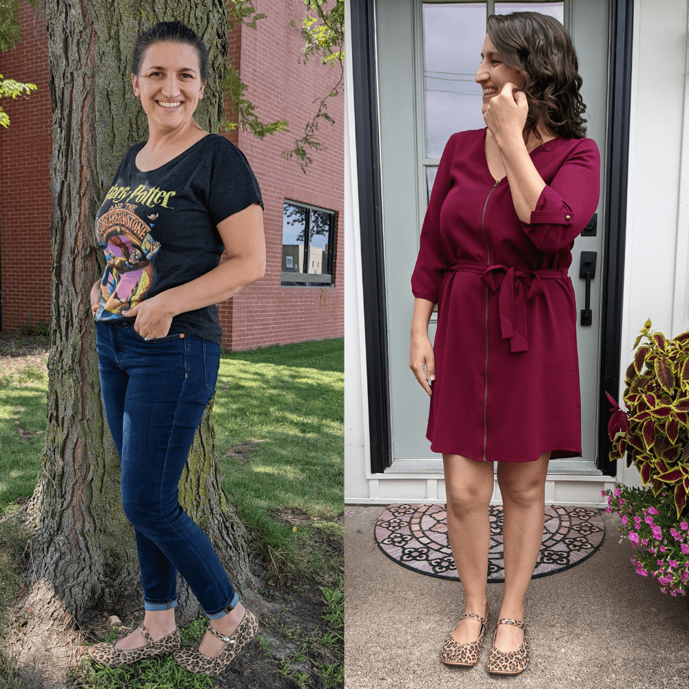 2 photo collage showing the same woman in one casual and one dressy outfit, both paired with Duchess and Fox Women's Mary Janes with ultra flexible sole and wide toe box