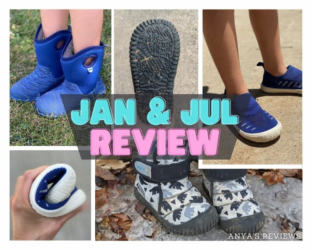 A collage of 5 photos showing different Jan and Jul kids shoes, including the flexibility and sole shape with the text "Jan & Jul Review" written over the top with "Anya's Reviews" in the corner