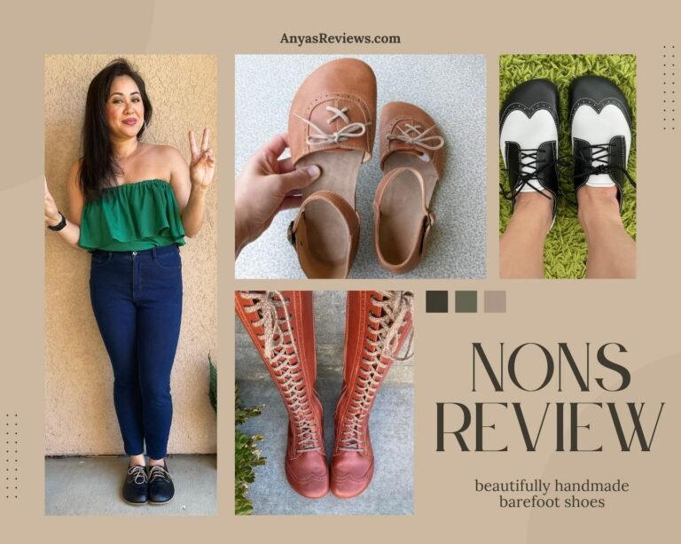 a photo collage of 4 different No(n)s barefoot shoe models and the words "Nons Review, beautiful handmade shoes anyasreviews.com" over a beige background