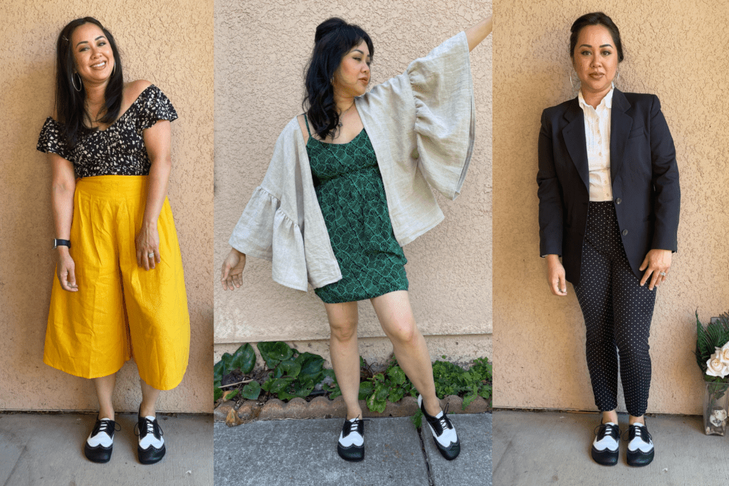 3 photo collage of a woman wearing 3 distinctly different outfits pair with NoNs Saddle style leather barefoot shoe