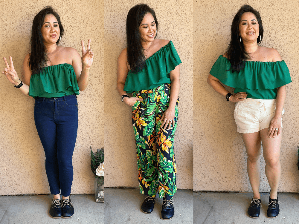 3 Outfit photo collage of the same woman in the same green off the shoulder ruffle top and different bottoms wearing Nons black oxford lace ups