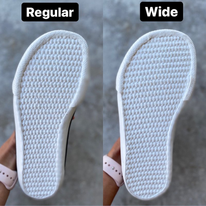 a close up of the outsoles of bohempia regular versus wide width