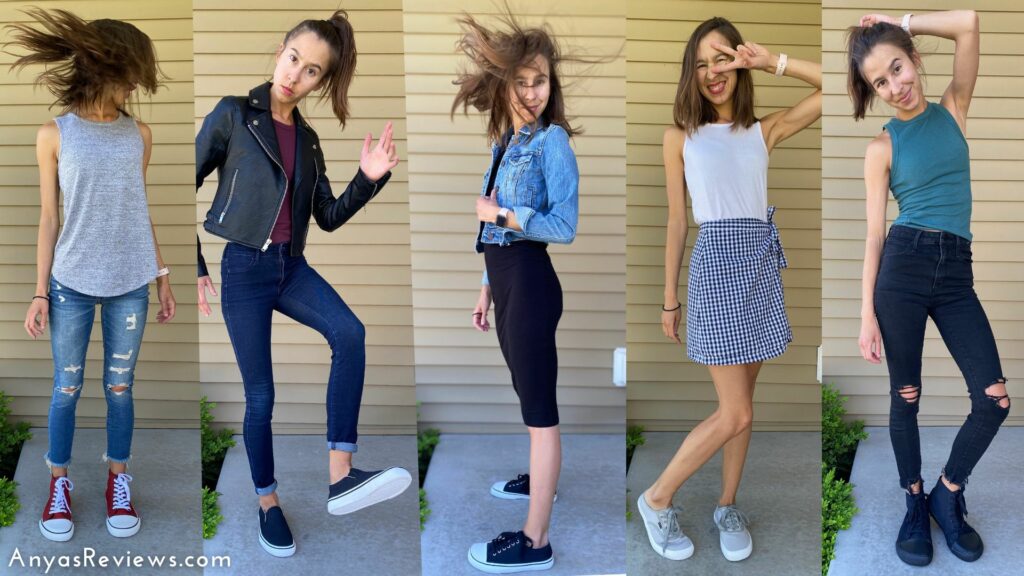 a collage of a woman with brown hair wearing 5 different outfits and 5 different styles of Bohempia barefoot sneakers