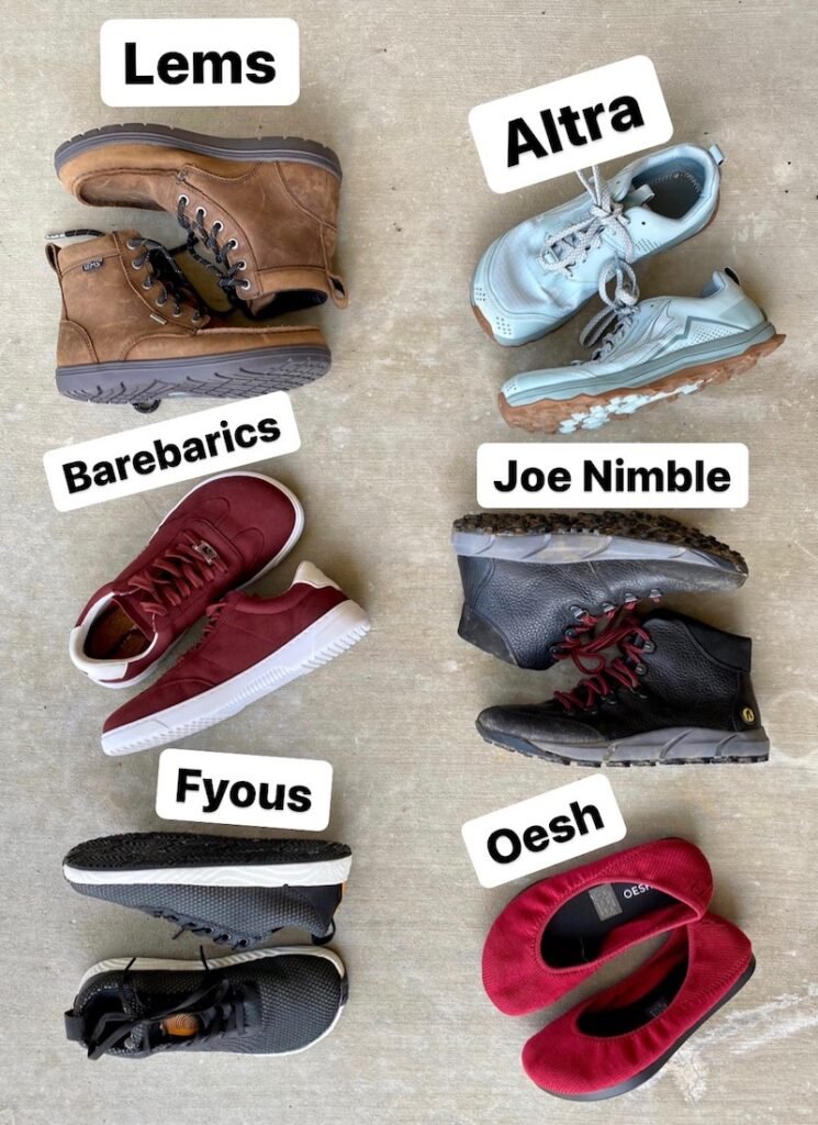 A top down view of 6 different pairs of barefoot shoes with cushion, otherwise known as transition shoes or natural footwear. Text overlay says Lems, Barebarics, Altra, Joe Nimble, Oesh, Fyous