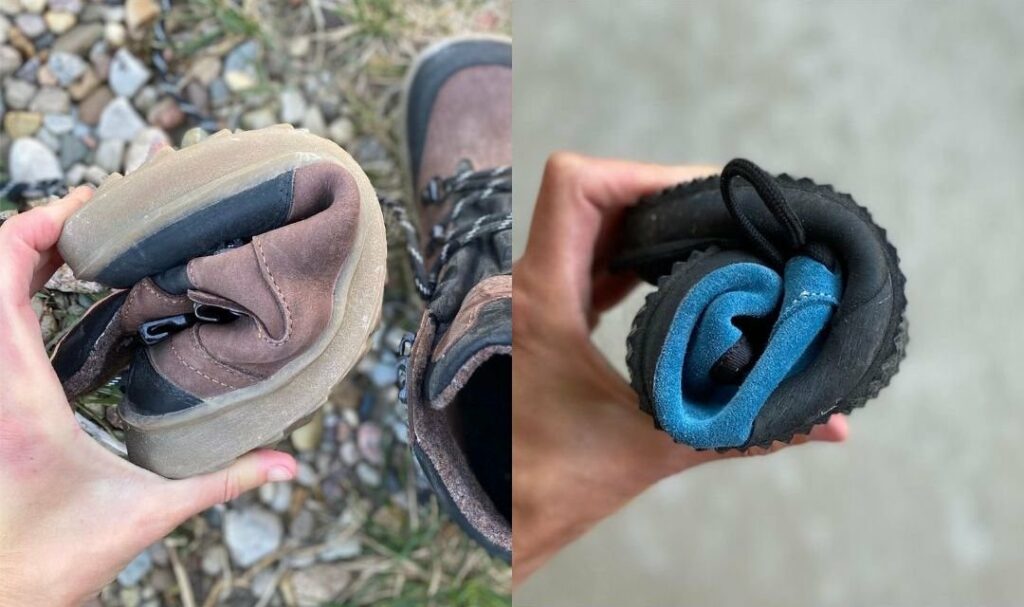 A side by side of two barefoot hiking boots from Be Lenka rolled up to show its flexibility - the Ranger and the Trailwalker