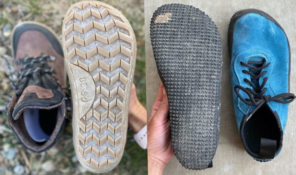 A side by side of the outsoles of two different barefoot hiking shoes from Be Lenka - the Ranger and the Trailwalker