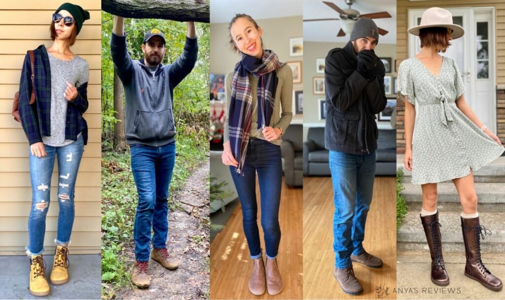 A collage of a woman and a man wearing different styles and brands of barefoot boots for fall and winter to show which ones are the best