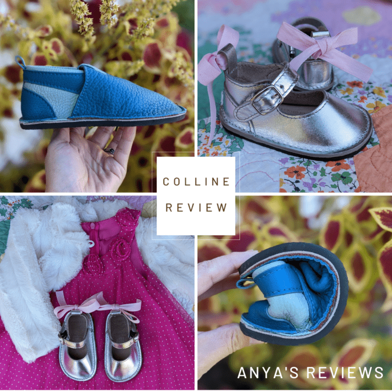 Photo Cover Collage Colline Review by Anya's Reviews featuring silver Ballerina and blue Nido minimalist shoes for little kids