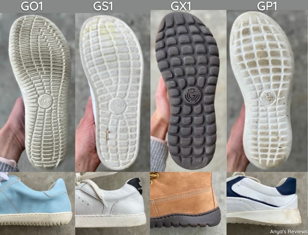 A collage showing the 4 different sole types that can be found on Groundies Barefootwear shoes