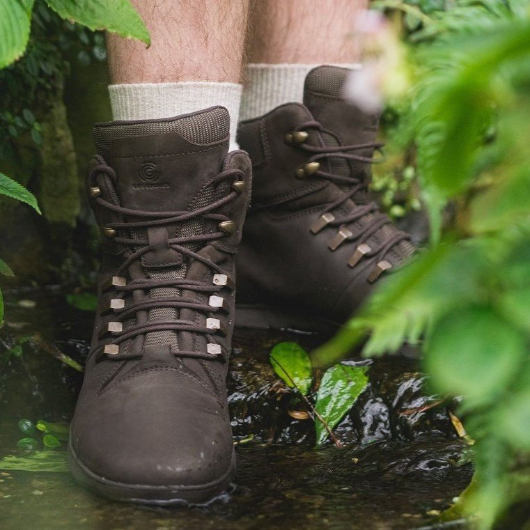 Groundies Ontario rugged zero drop hiking boot being worn in the woods