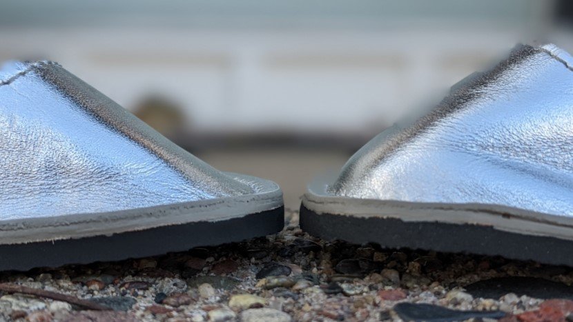 Toe to Toe close up of an unstretched Colline ballerina shoe toe box vs a stretched toe box to show the increase in vertical toe space