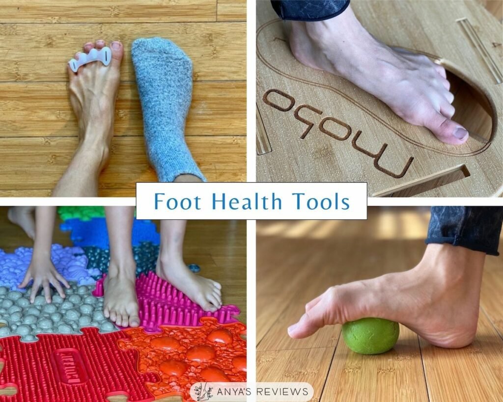 a collage of 4 foot health tools - correct toes toe spacers, texture mat, yoga balls and the text "foot health tools, Anya's Reviews" on it